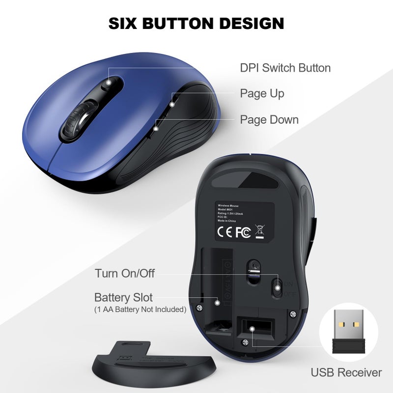 WisFox 2.4G Wireless Mouse for Laptop, Ergonomic Computer Mouse with USB Receiver and Type-C Adapter, 3 Adjustable Levels, 6 Button Cordless Wireless Mice for Windows Mac PC Notebook (Blue) - Image 5